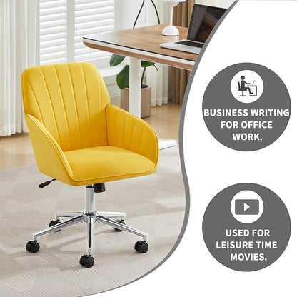 Velvet Home Office Desk Chair, Modern Cute Computer Task Chair with Back, Height Adjustable Upholstered Vanity Chair with Swivel Wheels for Women, Girls (Silver Base, Lemon Yellow