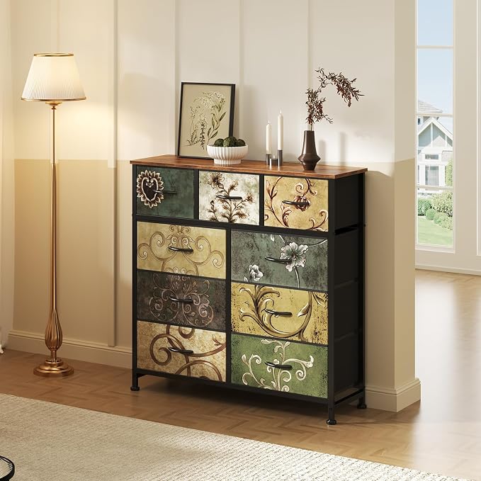 DUMOS Dresser for Bedroom, Storage Organizer with 9 Drawers, Chest of Drawers with Fabric Bins, Sturdy Metal Frame, Wood Tabletop for Guest Room, Closet, Entryway,Vintage