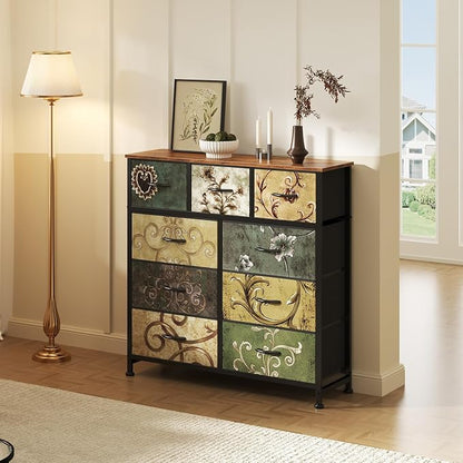 DUMOS Dresser for Bedroom, Storage Organizer with 9 Drawers, Chest of Drawers with Fabric Bins, Sturdy Metal Frame, Wood Tabletop for Guest Room, Closet, Entryway,Vintage