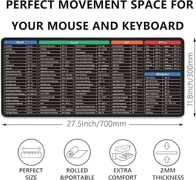 Large Extended Gaming Mouse Pad with Word Excel Office Software Excel Shortcuts PPT Windows,Stitched Edges Non-Slip Waterproof Rubber Base Mouse Pad for Office Desk Pad(27.5X11.8 in)
