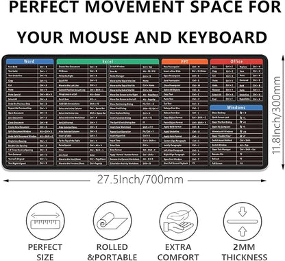 Large Extended Gaming Mouse Pad with Word Excel Office Software Excel Shortcuts PPT Windows,Stitched Edges Non-Slip Waterproof Rubber Base Mouse Pad for Office Desk Pad(27.5X11.8 in)