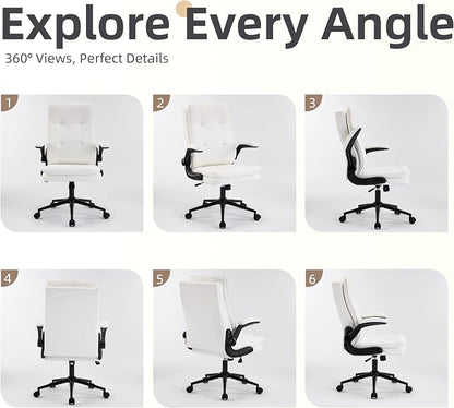 VINGLI Comfy White Leather Office Desk Chair, High-Back Support Ergonomic Computer Task Gaming Chair,with Removable wheels,360° Swivel,Adjustable Height,Flip-Up Arms,for Adults,Teen,Vanity,Home Office