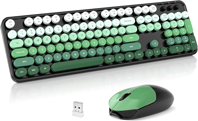 Wireless Keyboard and Mouse Combo, 2.4GHz Retro Full-Size Typewriter Keyboard with Number Pad and Wireless Mouse for PC/Laptop/Desktop/Windows (Black Green)
