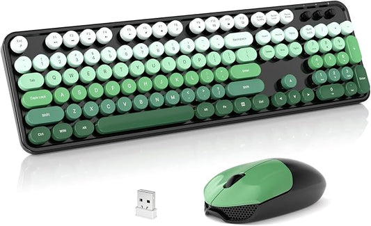 Wireless Keyboard and Mouse Combo, 2.4GHz Retro Full-Size Typewriter Keyboard with Number Pad and Wireless Mouse for PC/Laptop/Desktop/Windows (Black Green)