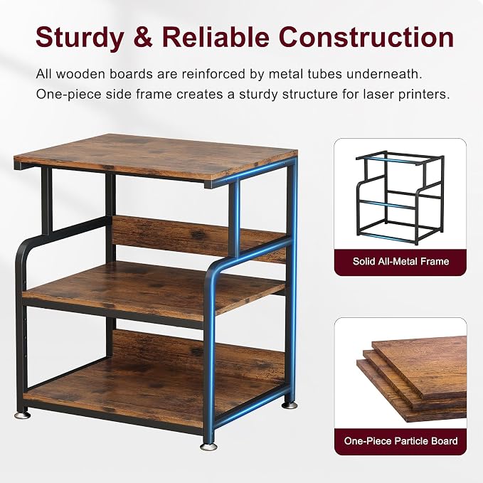 Large Printer Table for Home Office, Printer Stand, 3 Tier Rolling Printer Cart with Storage Shelf, Stand for Heat Press, Scanner, Fax, Organization, Brown