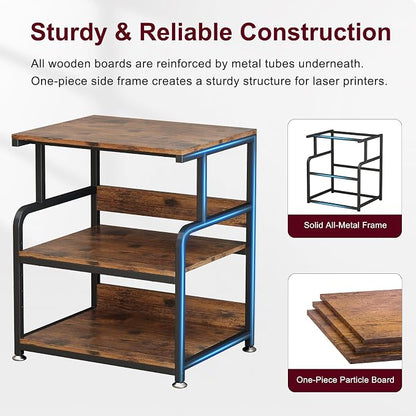 Large Printer Table for Home Office, Printer Stand, 3 Tier Rolling Printer Cart with Storage Shelf, Stand for Heat Press, Scanner, Fax, Organization, Brown