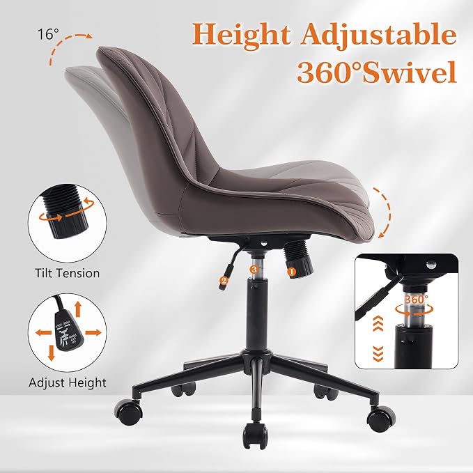 Rowill Modern Office Chair - Ergonomic Swivel Leather Desk Chair with Curved Backrest, Height Adjustable Rolling with Wheels, Perfect for Study Room & Office, Brown