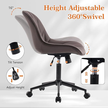 Rowill Modern Office Chair - Ergonomic Swivel Leather Desk Chair with Curved Backrest, Height Adjustable Rolling with Wheels, Perfect for Study Room & Office, Brown