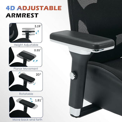 BOSMILLER 700lbs Big and Tall Office Chair with Wide Thick Seat Cushion for Sitting All Day,Ergonomic Mesh Desk Chair with Adjustable Lumbar Support for Heavy People,4D Armrests