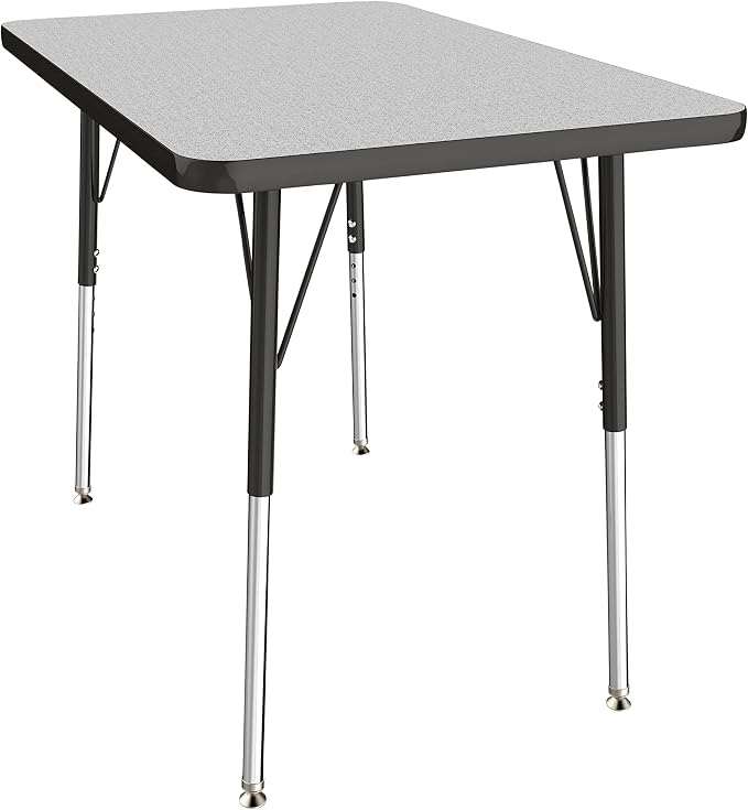 FDP Rectangle Activity School and Office Table (24 x 36 inch), Standard Legs with Swivel Glides, Adjustable Height 19-30 inches; Quick Ship Single Box - Gray Top and Black Edge