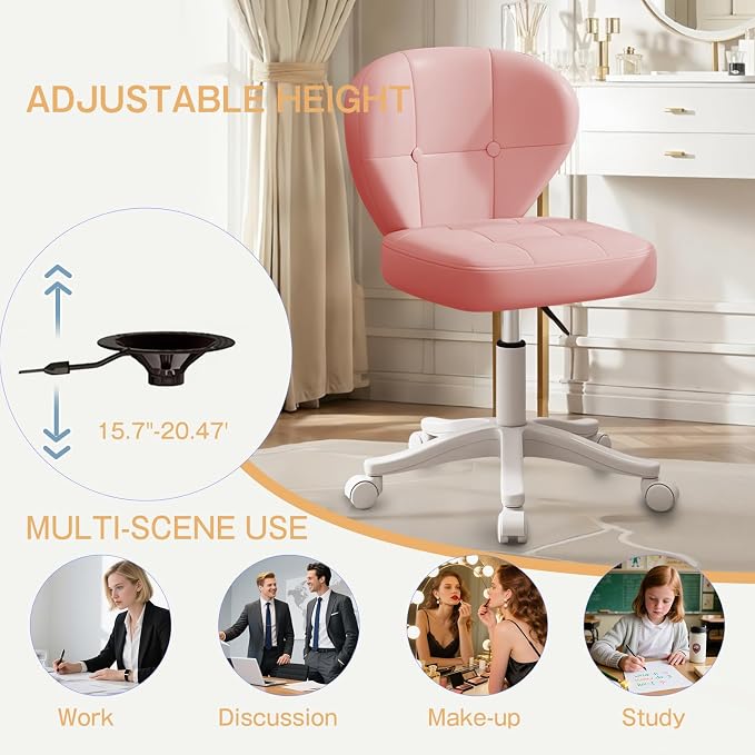 Small Office Chair with Lumbar Support, PU Leather Armless Swivel Desk Chair Adjustable Height, Compact Rolling Chair for Home Office, Bedroom, Study Pink Set of 2
