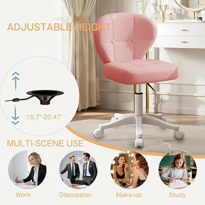 Small Office Chair with Lumbar Support, PU Leather Armless Swivel Desk Chair Adjustable Height, Compact Rolling Chair for Home Office, Bedroom, Study （Pink）