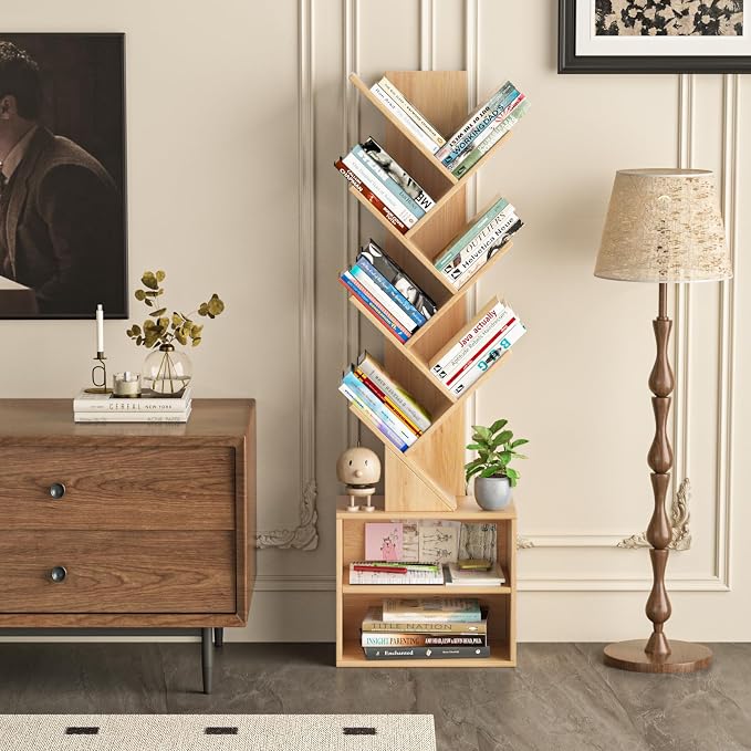 SHEEPAM 10 Tier Tree Bookshelf,Christmas Green Bookcase for Narrow Space, Storage Organizer Floor Standing Bookshelves for Books, Tall Book Case for Home Office, Living Room, Bedroom