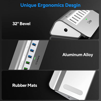 Powered USB Hub 10Gbps, 7 Port USB 3.2 Gen 2 Hub with 4 USB 3.2 Data Ports, 3 Fast Charging Ports, 36W Power Adapter, Type A and Type C Cable, Aluminum USB Hub for Laptop, Mac, PC