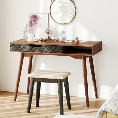 Giantex Mid Century Modern Desk, 42.5" Vintage Computer Desk with Storage Drawer & Rubber Wood Legs, Makeup Vanity Table, Wood Computer Workstation, Small Writing Desk for Bedroom, Small Space, Walnut