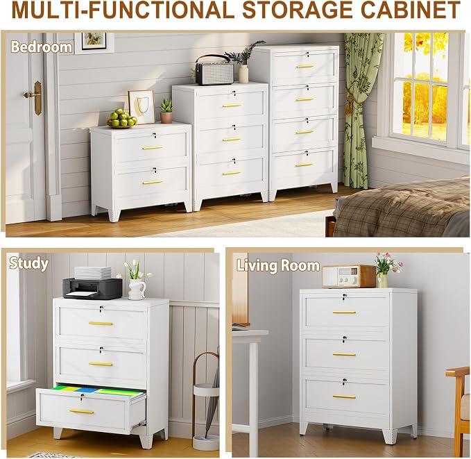 Metal Lateral File Cabinet with Lock,3 Drawer Steel Wide Filing Organization Storage Cabinets for Legal/Letter/A4/F4 Size with Hanging Files&Key,Lockable Printer Stand for Home Office, White