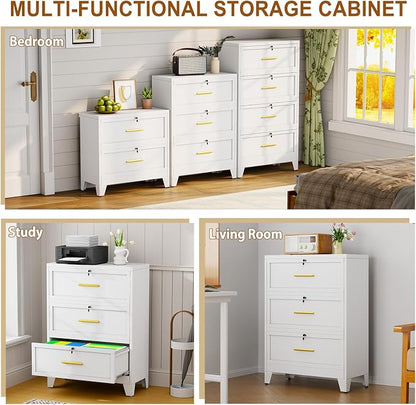 Metal Lateral File Cabinet with Lock,3 Drawer Steel Wide Filing Organization Storage Cabinets for Legal/Letter/A4/F4 Size with Hanging Files&Key,Lockable Printer Stand for Home Office, White
