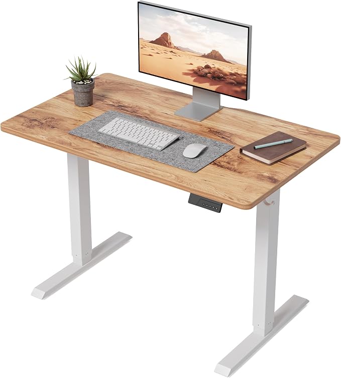DESINO Standing Desk, 40 × 24 Inches Electric Height Adjustable, Sit and Stand Up, Computer Office Desk with Splice Board, White Frame/Light Rustic TOP
