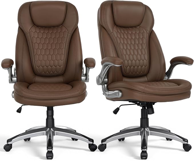 COLAMY Office Chair Ergonomic Desk Chair Set of 2-Executive Office Chair with Upgraded Caters, High Back Computer Chair Flip-up Arms, Swivel Leather Chair for Work/Study, 300lbs, Brown