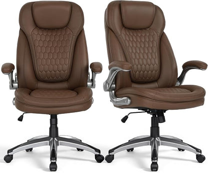 COLAMY Office Chair Ergonomic Desk Chair Set of 2-Executive Office Chair with Upgraded Caters, High Back Computer Chair Flip-up Arms, Swivel Leather Chair for Work/Study, 300lbs, Brown