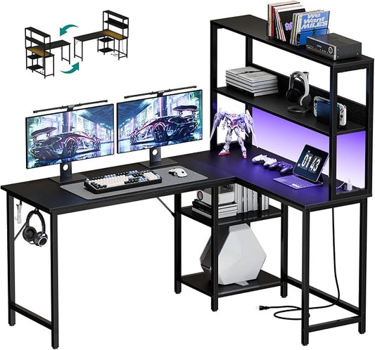 OLIXIS 53 in L Shaped Desk Computer Gaming Desk with Power Outlets & LED Lights, Reversible Corner Home Office Table with Adjustable Shelf & CPU Stand, Black