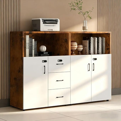 File Cabinet with Password Lock, Wood Lateral Filing Cabinet for Letter/A4 Files, 3 Drawer with Door, Printer Stand with Open Shelves for Home Office