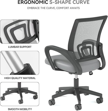 Office Chair, Ergonomic Mid-Back Mesh Desk Chair with Lumbar Support, Adjustable Height Computer Chair with Rolling Wheels Design,Comfy Armrest for Work, Study, Gaming, 2 Pack, Light Gray