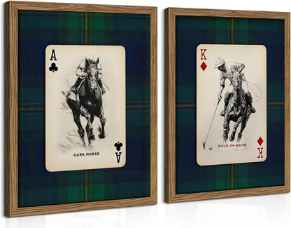 Framed Vintage Playing Card Wall Art Set of 2, Classic Polo Rider and Race Horse Canvas Prints, Retro Equestrian Sketch Poster, Old-Money Sports Wall Decor for Study Home Office Game Room 12x16in