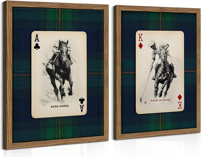 Framed Vintage Playing Card Wall Art Set of 2, Classic Polo Rider and Race Horse Canvas Prints, Retro Equestrian Sketch Poster, Old-Money Sports Wall Decor for Study Home Office Game Room 16x24in