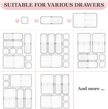 DILIBRA 16 Pcs Clear Extendable Drawer Organizer, 3-Size Adjustable | Plastic Non-Slip Storage Bins, For Makeup Cosmetic Jewelries, For Utensils Stationery, For Dressers Tool, Desk Drawer Storage