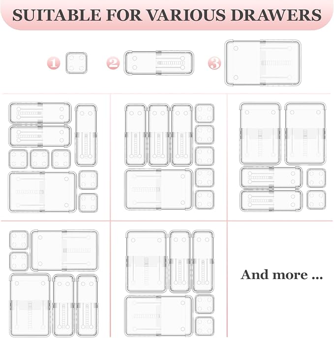 DILIBRA 20 Pcs Clear Extendable Drawer Organizer, Adjustable Drawer Storage 3-Size Desk Drawer Organizer, Plastic Non-Slip Storage Bins for Makeup Cosmetic Jewelries Utensils Stationery Dressers Tool