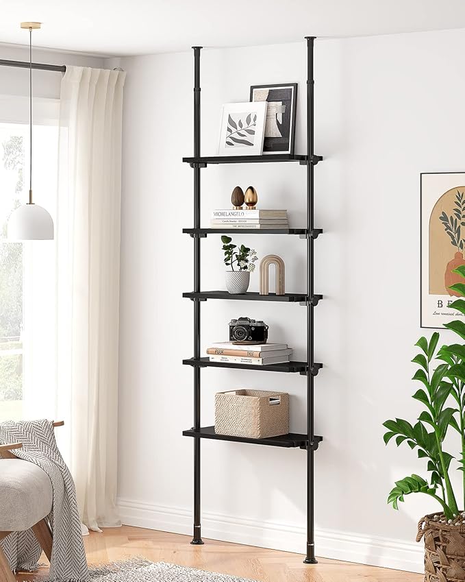 ALLZONE Adjustable Tall Narrow Bookshelf, 5-Tier Floor-to-Ceiling Tension Mount Ladder Book Shelf with Storage for Versatile Uses, Fits 92-116 Inch Ceilings, 27.84-Inch Wide Wood Shelves, Black Relief