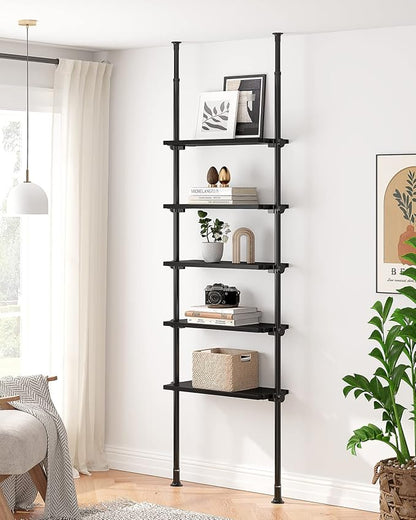 ALLZONE Adjustable Tall Narrow Bookshelf, 5-Tier Floor-to-Ceiling Tension Mount Ladder Book Shelf with Storage for Versatile Uses, Fits 92-116 Inch Ceilings, 27.84-Inch Wide Wood Shelves, Black Relief