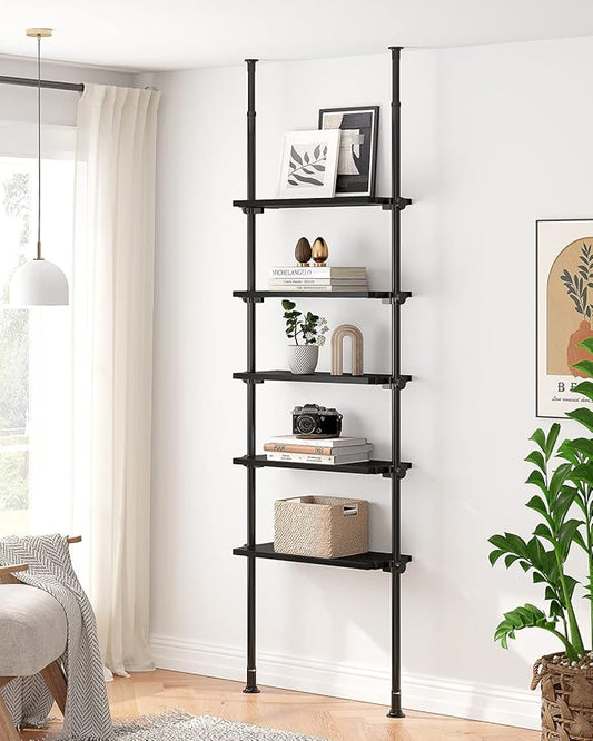 ALLZONE Adjustable Tall Narrow Bookshelf, 5-Tier Floor-to-Ceiling Tension Mount Ladder Book Shelf with Storage for Versatile Uses, Fits 92-116 Inch Ceilings, 27.84-Inch Wide Wood Shelves, Black Relief