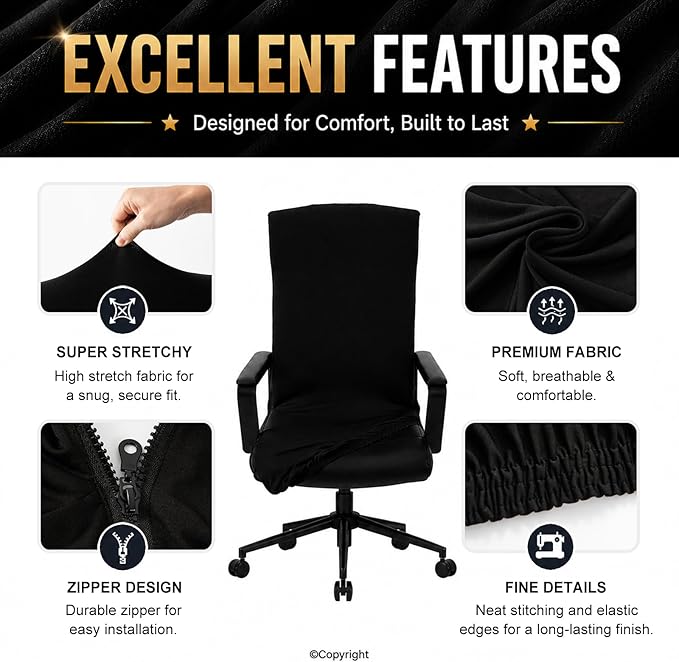 DIVA EN CAMINO DEC Water Resistant Office Chair Cover with Zipper, Stretch Slipcover for High Back Chair, Black