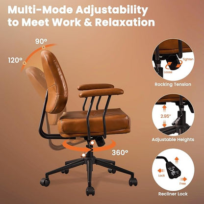 Leather Home Office Chair, Mid Back Ergonomic Desk Chair with Lumbar Support, Mid Century Modern Deep Seat Swivel Rocking Computer Chair, Brown