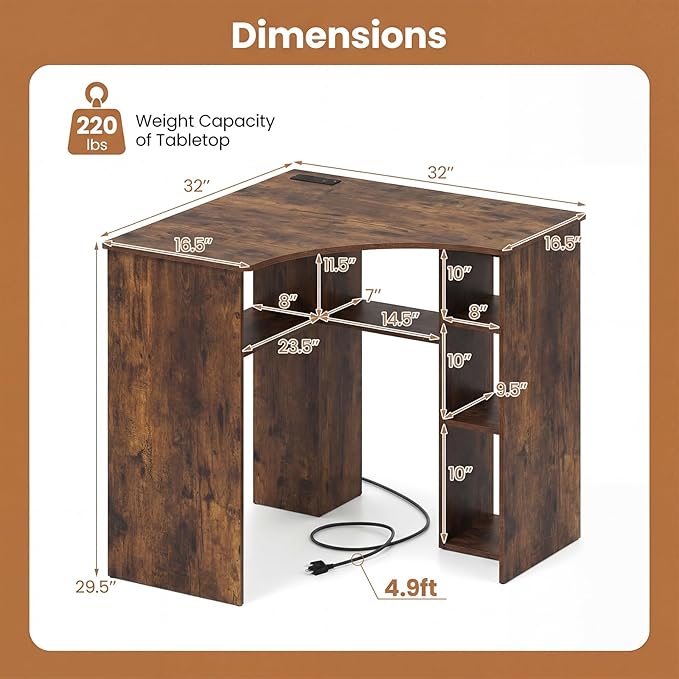 Tangkula Corner Desk with Charging Station, 90-Degree Triangle Computer Desk with Ergonomic Curved Edge & Open Storage Shelves, Writing Study Desk for Small Spaces Home Office