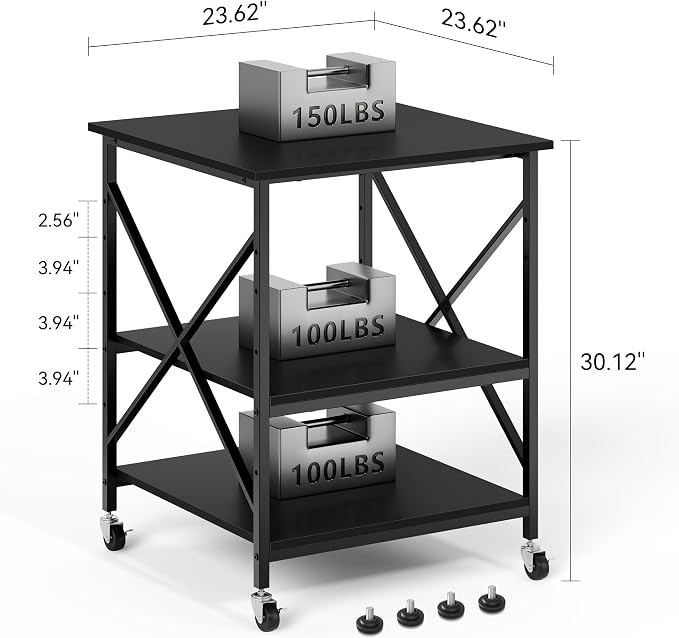 Warmiehomy 24"x24"x30" Large Printer Stand with Storage, 3 Tier Rolling Printer Cart Table, Mini Fridge Stand with Wheels, Use for 3D Laser Printer Home Office, Black