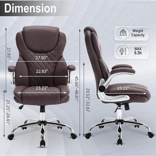 Leather Executive Office Chair, Big and Tall High Back Ergonomic Desk Chairs with Wheels, 90-120° Rocking Managerial Home Computer Chairs with Flip up Arms and Lumbar Support, Dark Brown