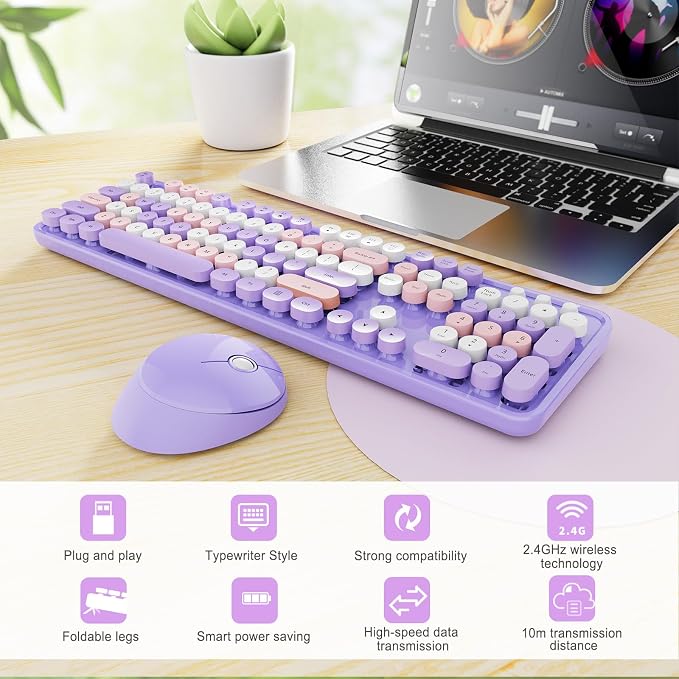 SkyGive Wireless Keyboard and Mouse Combo, Ergonomic Full Size Typewriter Retro Round Keycaps Keyboard, Compatible with Windows, PC, Perfer for Home and Office Keyboards (Purple