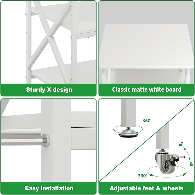 3 Tier Printer Stand, Large Table with Wheels, Rolling Cart with Height Adjustable Middle Storage Shelf, 23.6 x 23.6 x 30.3 Inches Shelf for Home Office, White