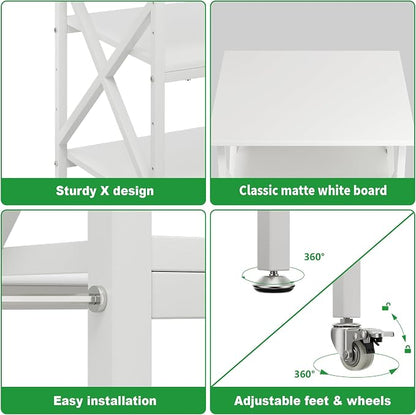 3 Tier Printer Stand, Large Table with Wheels, Rolling Cart with Height Adjustable Middle Storage Shelf, 23.6 x 23.6 x 30.3 Inches Shelf for Home Office, White