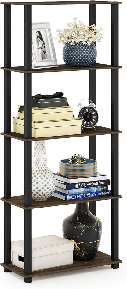 Furinno TURN-S-TUBE Book Shelf, 5-Tier Toolless Storage Shelves with Square Tubes, Shelving Unit for Organization and Storage for Living Room, Home Office, Columbia Walnut