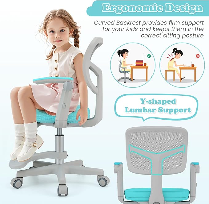 Giantex Kids Desk Chair, Ergonomic Adjustable Student Rolling Chair with Footrest & Flip-up Armrest, Mesh Children Office Chair with Universal Wheels, Kids Computer Chair for Boys & Girls, Turquoise