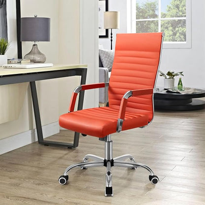 Shahoo Ribbed Office Chair, Mid-Back PU Leather Office Chair Executive Task Chair with 360° Swivel Wheels for Conference Room, Home Offices (Orange)