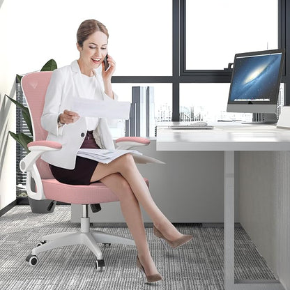 naspaluro Ergonomic Office Chair, Computer Chair with Adjustable Height, Flip-Up Arms and Lumbar Support, Breathable Mesh Desk Chair for Home Study Working (Without Headrest, Pink)