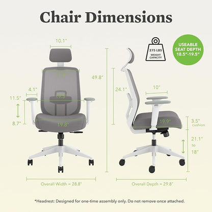 HON Altern Ergonomic Office Chair with Headrest, Mid‑Back Mesh Desk Chair, Adjustable Arms, Seat Slide, Synchro‑Tilt, Rolling Computer Seat for Home Office, White Frame, Black