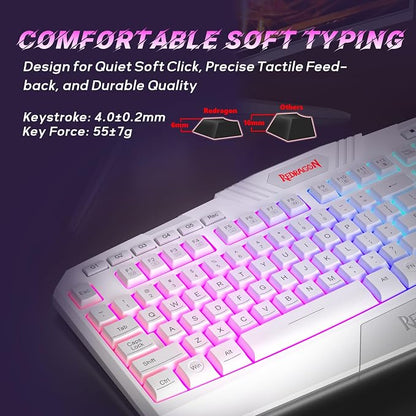 Redragon Updated Programmable Gaming Keyboard and Mouse, RGB Backlit Keyboard Mouse with Software, Independent Macro Record Keys, Value Combo Set, White - S101-3 PRO
