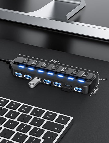 WIRWTRU USB Hub 7 Port,USB 3.0 Hub Splitter for Office,Home,School | Individual On/Off LED Switches, USB Hub for PC, 5Gbps HighSpeed Data for Laptop, Mac, PC, Desktop, PS5, Xbox