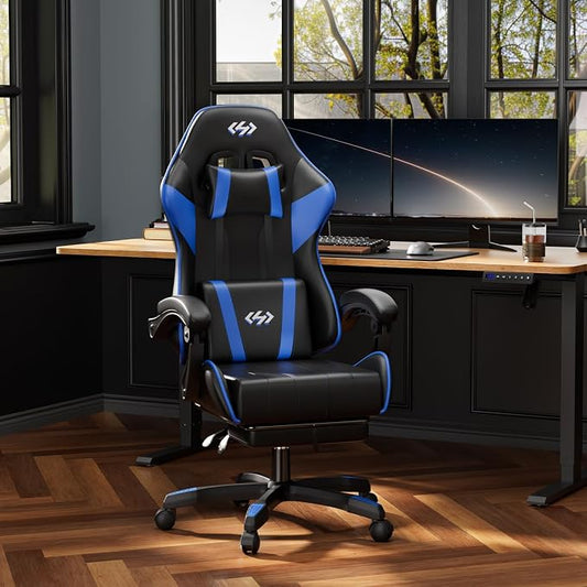 HLDIRECT Gaming Chair, Ergonomic Computer Office Chair with Lumbar Support Footrest Headrest, Adjustable Height & Backrest Angle Video Gamer Chair, PU Leather, 360° Swivel, Adult (Black&Blue)